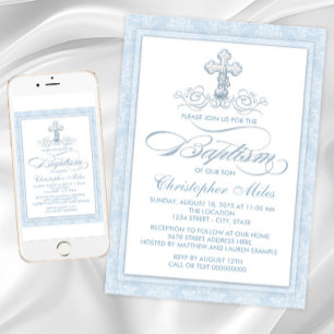 Invitation Croix en Damas Bleu Baptême