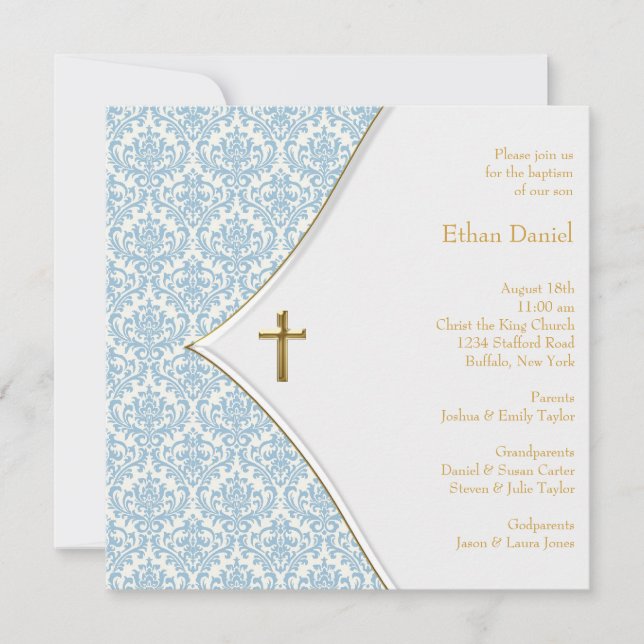 Invitation Croix en damas bleu pour baptême de garçon (Devant)