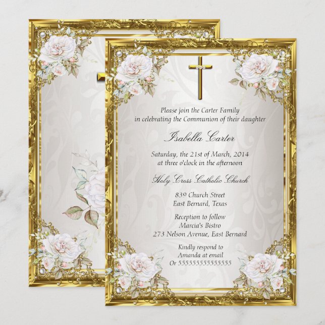 Invitation Croix en Damas de Perle Beige Or Rose pour Communi (Devant / Derrière)