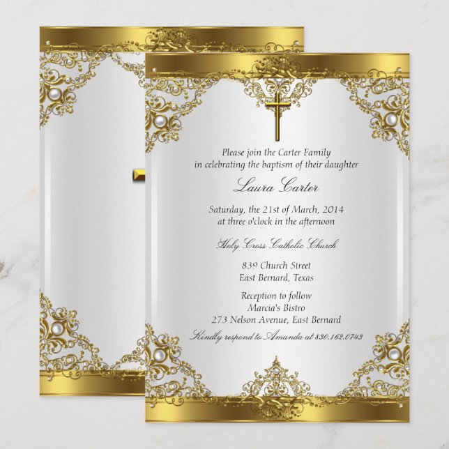 Invitation Croix en Damas de Perle Blanche Or Baptême Christe (Devant / Derrière)