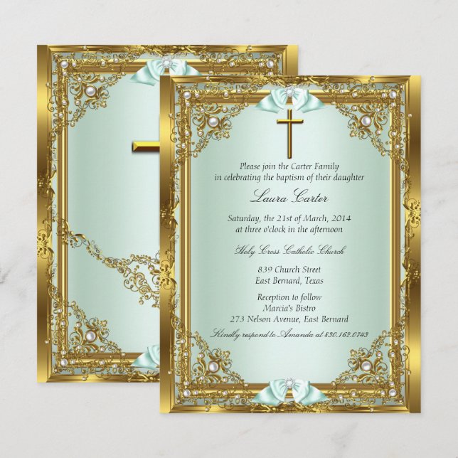 Invitation Croix en damas de perle d'or vierge Baptême 3 (Devant / Derrière)