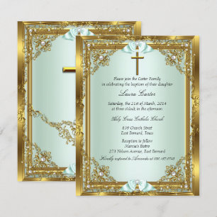 Invitation Croix en damas de perle d'or vierge Baptême 3