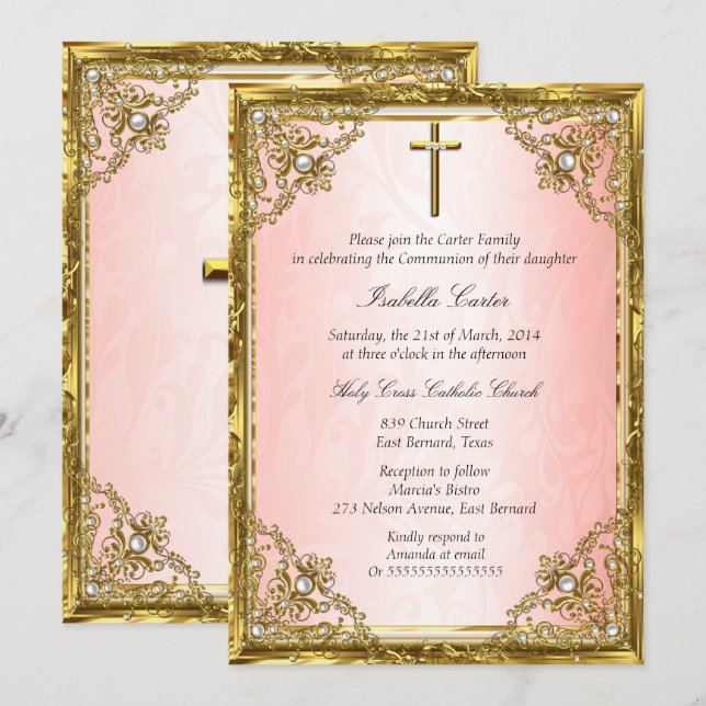 Invitation Croix en Damas de Perle Rose Or Communion (Devant / Derrière)