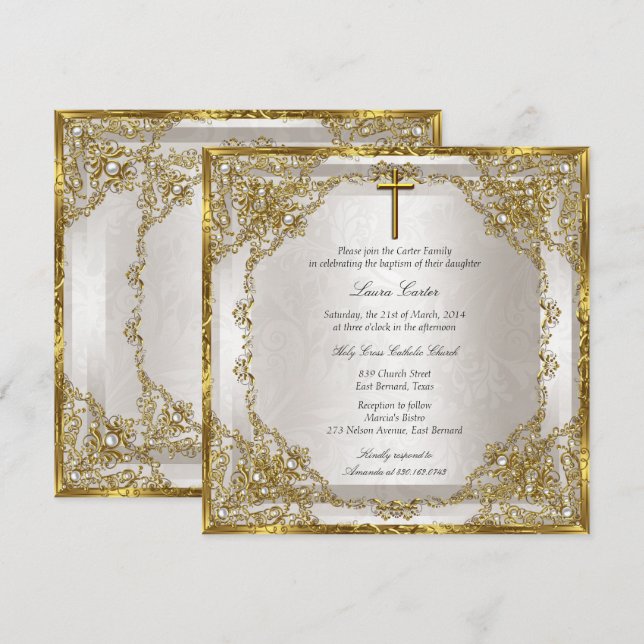 Invitation Croix en damas perle beige or Baptême (Devant / Derrière)