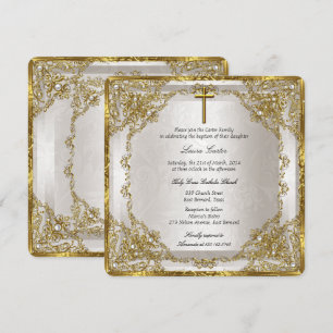 Invitation Croix en damas perle beige or pour baptême