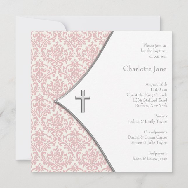 Invitation Croix en damas rose pour baptême de filles (Devant)