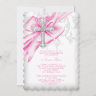 Invitation Croix en Damas Rose Première Communion