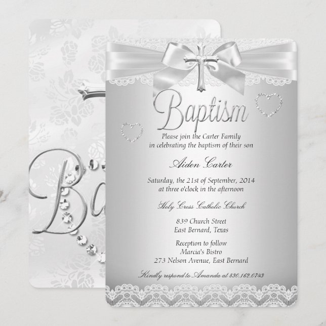 Invitation Croix en dentelle argentée Baptême garçon ou fille (Devant / Derrière)