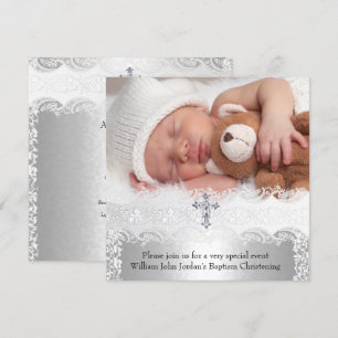 Invitation Croix en dentelle de baptême photo bébé garçon fil