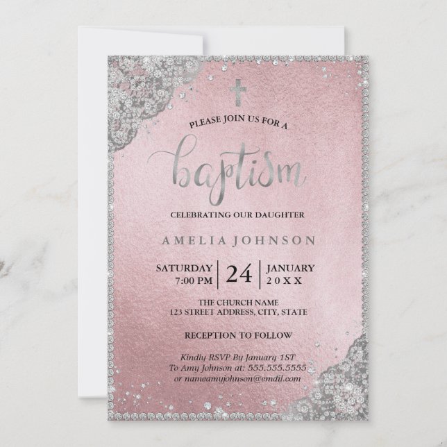 Invitation Croix en dentelle de diamant en or rose argenté po (Devant)