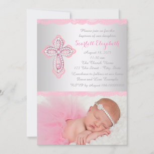 Invitation Croix en dentelle rose Photo Baptême