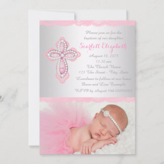Invitation Croix en dentelle rose Photo Baptême