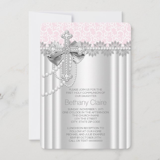 Invitation Croix en dentelle rose pour la première communion (Devant)