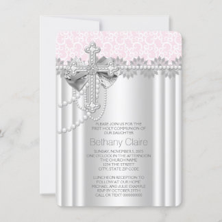 Invitation Croix en dentelle rose pour la première communion