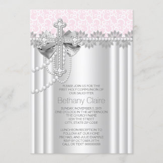 Invitation Croix en dentelle rose pour la première communion