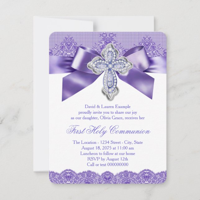 Invitation Croix en dentelle violette pour la première commun (Devant)
