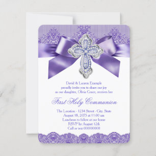 Invitation Croix en dentelle violette pour la première commun