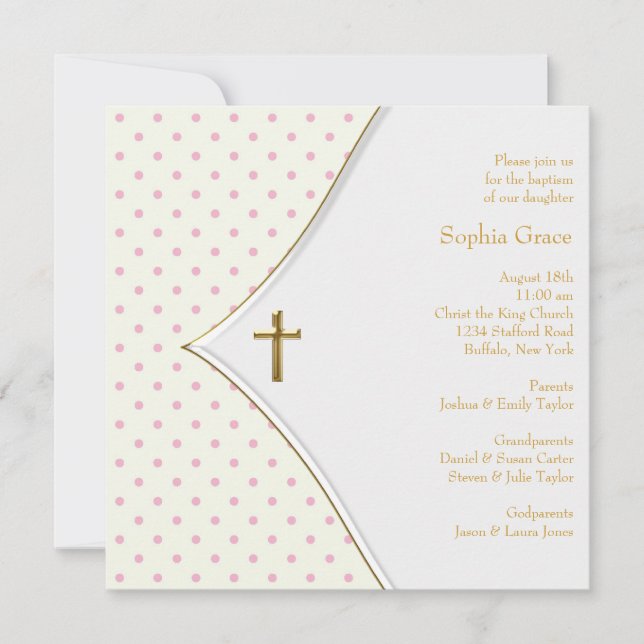 Invitation Croix en or blanc rose pour baptême de bébé fille (Devant)