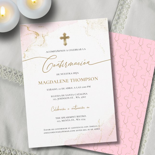 Invitation Croix en or rose Confirmation de fille Confirmacio (Créateur téléchargé)