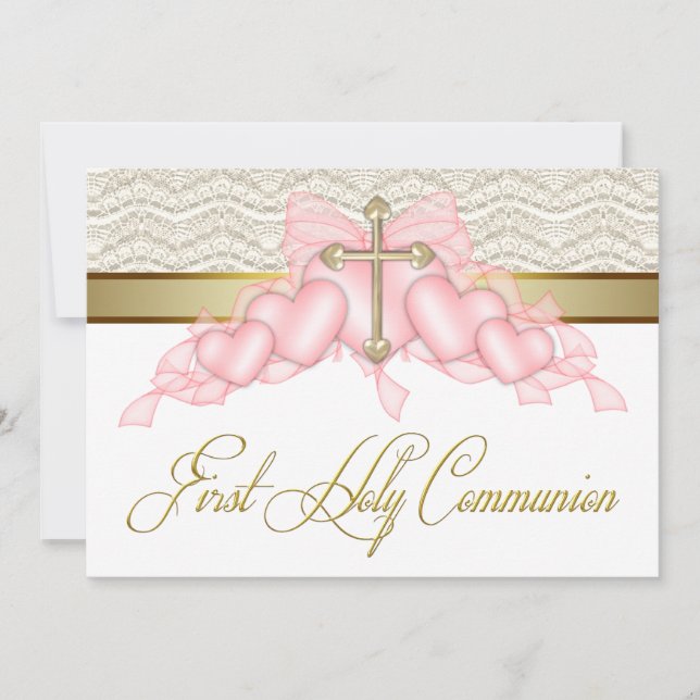 Invitation Croix en or rose pour filles pour première communi (Devant)
