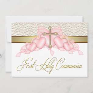 Invitation Croix en or rose pour filles pour première communi