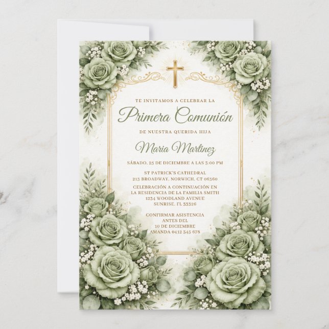 Invitation Croix espagnole de première communion florale vert (Devant)