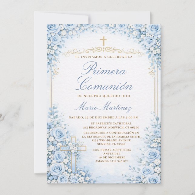 Invitation Croix espagnole florale bleue pour garçon Primera  (Devant)