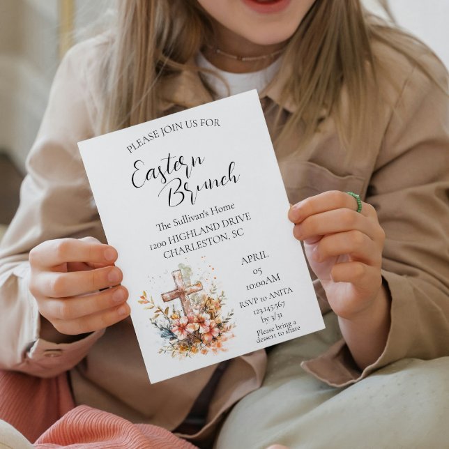 Invitation Croix et fleurs florales Brunch de Pâques (Créateur téléchargé)
