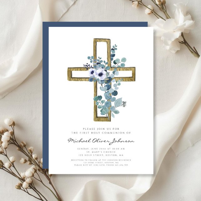 Invitation Croix eucalyptus moderne Première communion religi (Modern Eucalyptus Cross Religious First Communion Invitation)