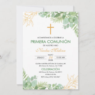Invitation Croix Feuille verte de la première communion Prime