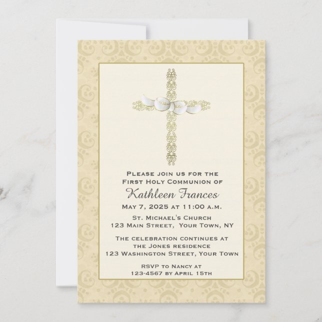Invitation Croix fleurie d'or avec l'arc, religieux (Devant)
