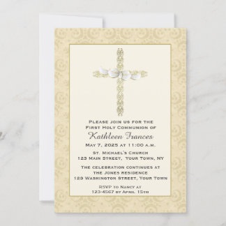 Invitation Croix fleurie d'or avec l'arc, religieux