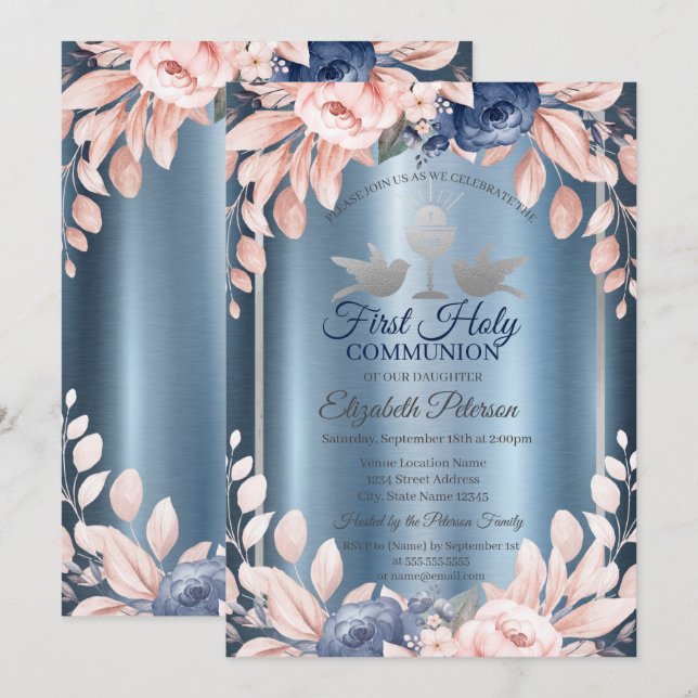 Invitation Croix Fleurs Premier Bleu Métallisé Sainte Communi (Devant / Derrière)
