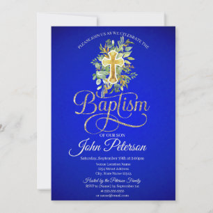 Invitation Croix florale baptême bleu royal