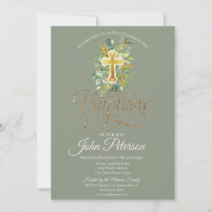 Invitation Croix florale baptême vert sauge