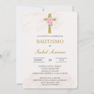 Invitation Croix florale beige baptême espagnol