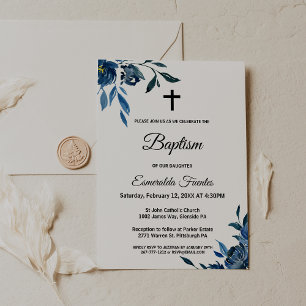 Invitation Croix florale bleu moderne Baptême
