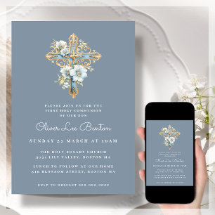 Invitation Croix florale bleue Première sainte communion