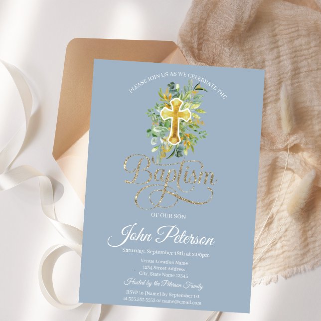 Invitation Croix florale de baptême bleu poussiéreux (Créateur téléchargé)