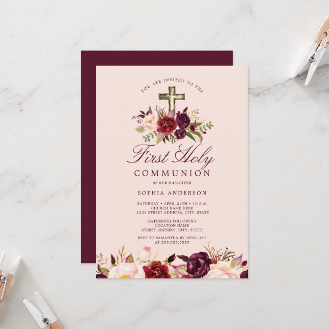 Invitation Croix florale de Bourgogne pour la première commun (Devant/Arrière en situation)