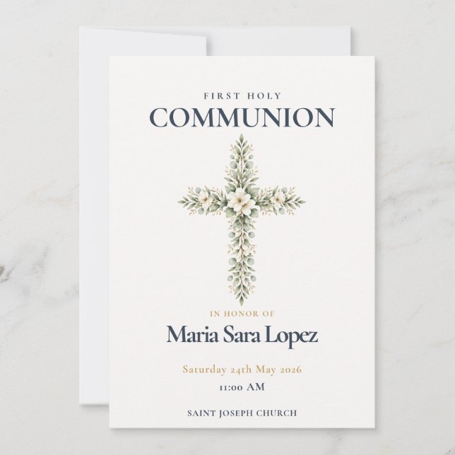 Invitation Croix florale de première communion (Devant)