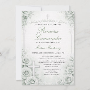 Invitation Croix florale de Primera Comunión verte apaisée es