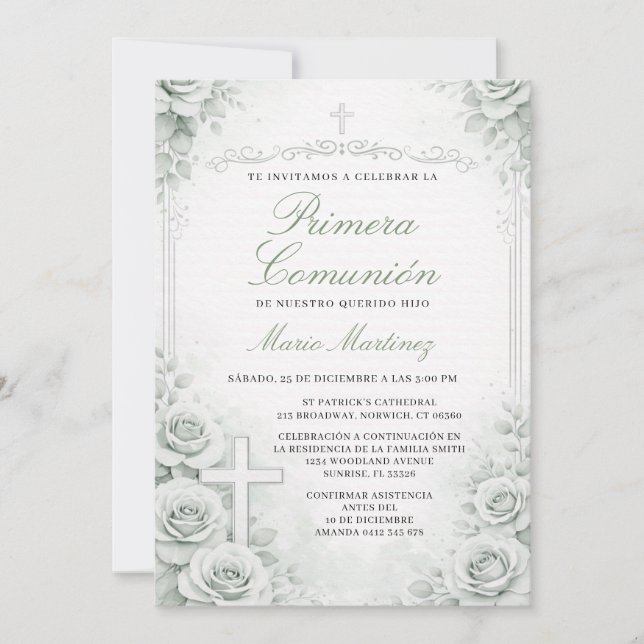 Invitation Croix florale de Primera Comunión verte apaisée es (Devant)