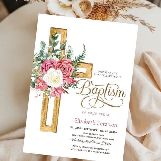 Invitation Croix florale de roses, Baptême à pois (Créateur téléchargé)
