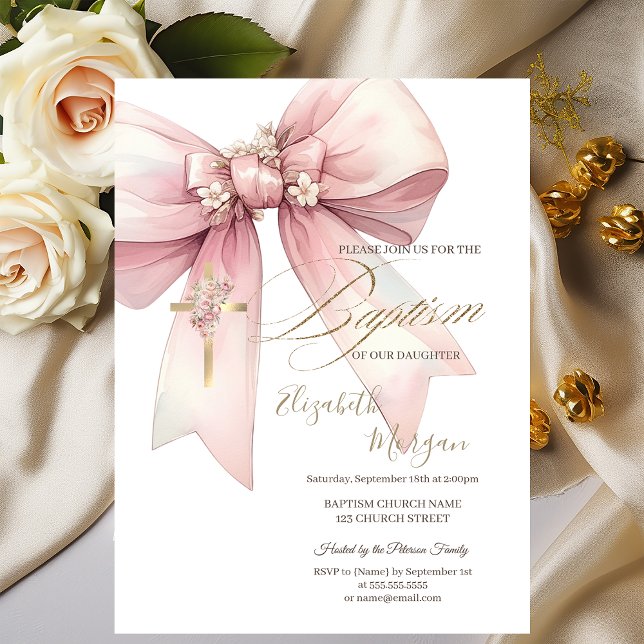 Invitation Croix Florale Dorée Ruban Baptême Rose (Créateur téléchargé)