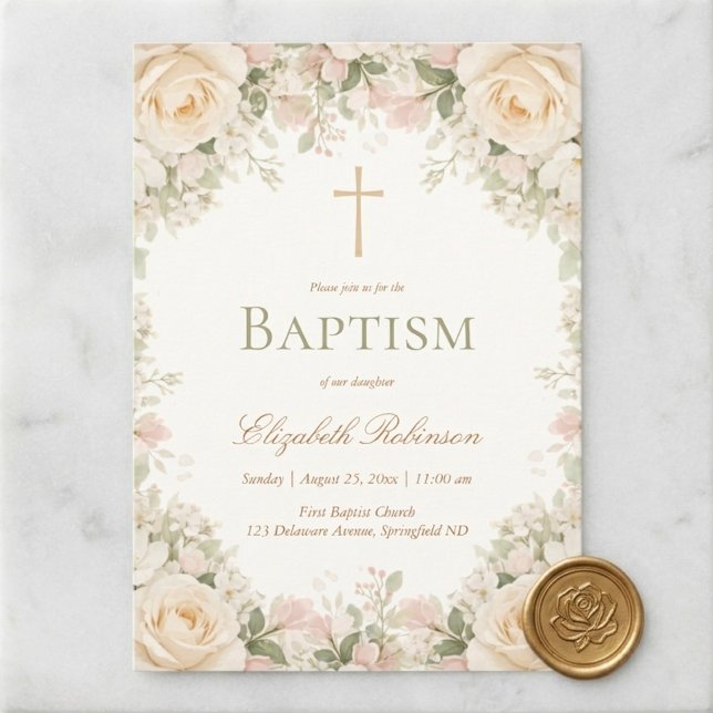 Invitation Croix florale élégante en rose crème pour baptême (Créateur téléchargé)