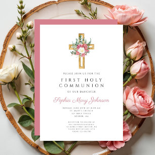Invitation Croix florale élégante Première Sainte Communion 
