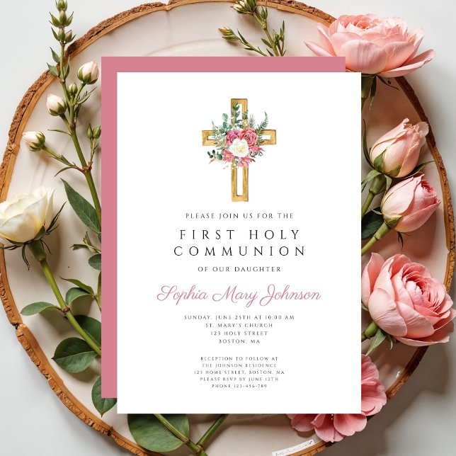 Invitation Croix florale élégante Première Sainte Communion  (Elegant Floral Cross First Holy Communion Invitation)