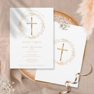 Invitation Croix florale en or de première communion