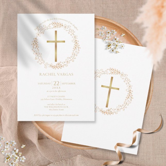 Invitation Croix florale en or de première communion (Créateur téléchargé)